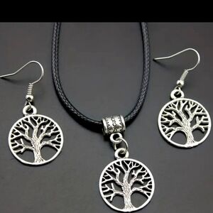 NEW 18K White GoldPlated Tree of Life Corded Necklace & Earrings Set